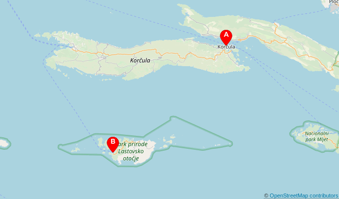 Map of ferry route between Korcula and Ubli (Lastovo)